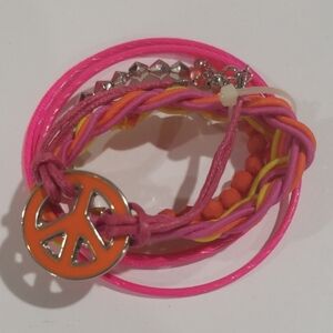 Set of 6 Colorful Mix Bangle & Stretch Bracelets with a Vibrant Peace Sign